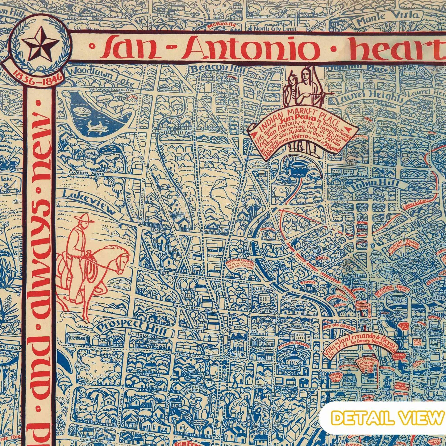 Detail featuring the iconic Alamo in San Antonio amidst intricate street grids on a historic map.