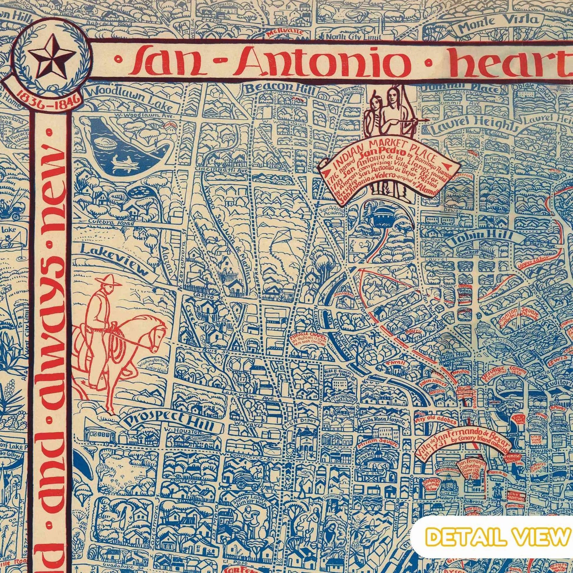 Detail featuring the iconic Alamo in San Antonio amidst intricate street grids on a historic map.