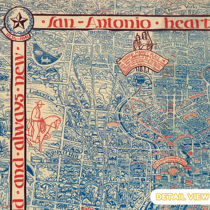Detail featuring the iconic Alamo in San Antonio amidst intricate street grids on a historic map.