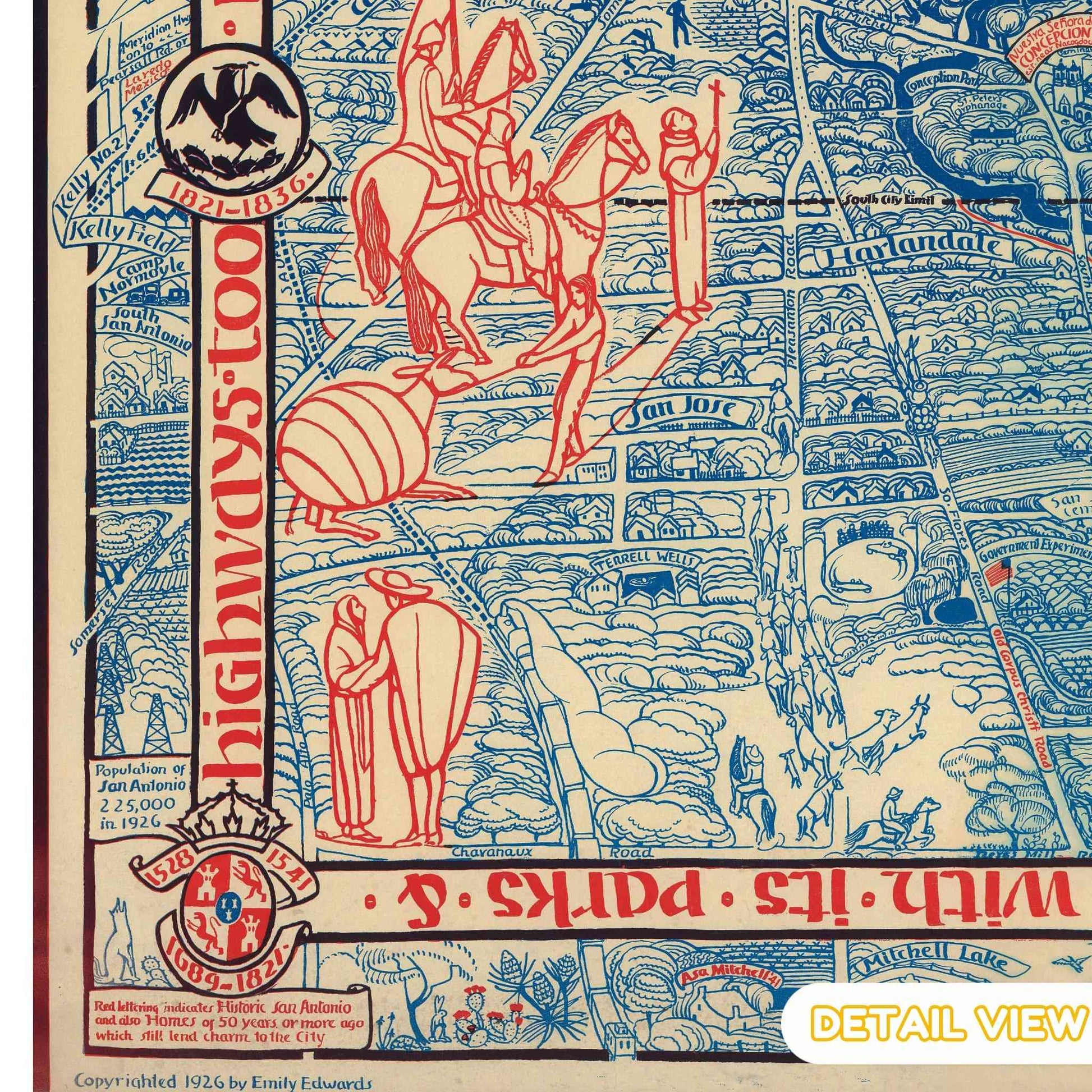 San Antonio, Texas Vintage-style map with illustrations and text, featuring a horse and rider, buildings, and information on the city highlights