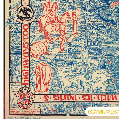 San Antonio, Texas Vintage-style map with illustrations and text, featuring a horse and rider, buildings, and information on the city highlights
