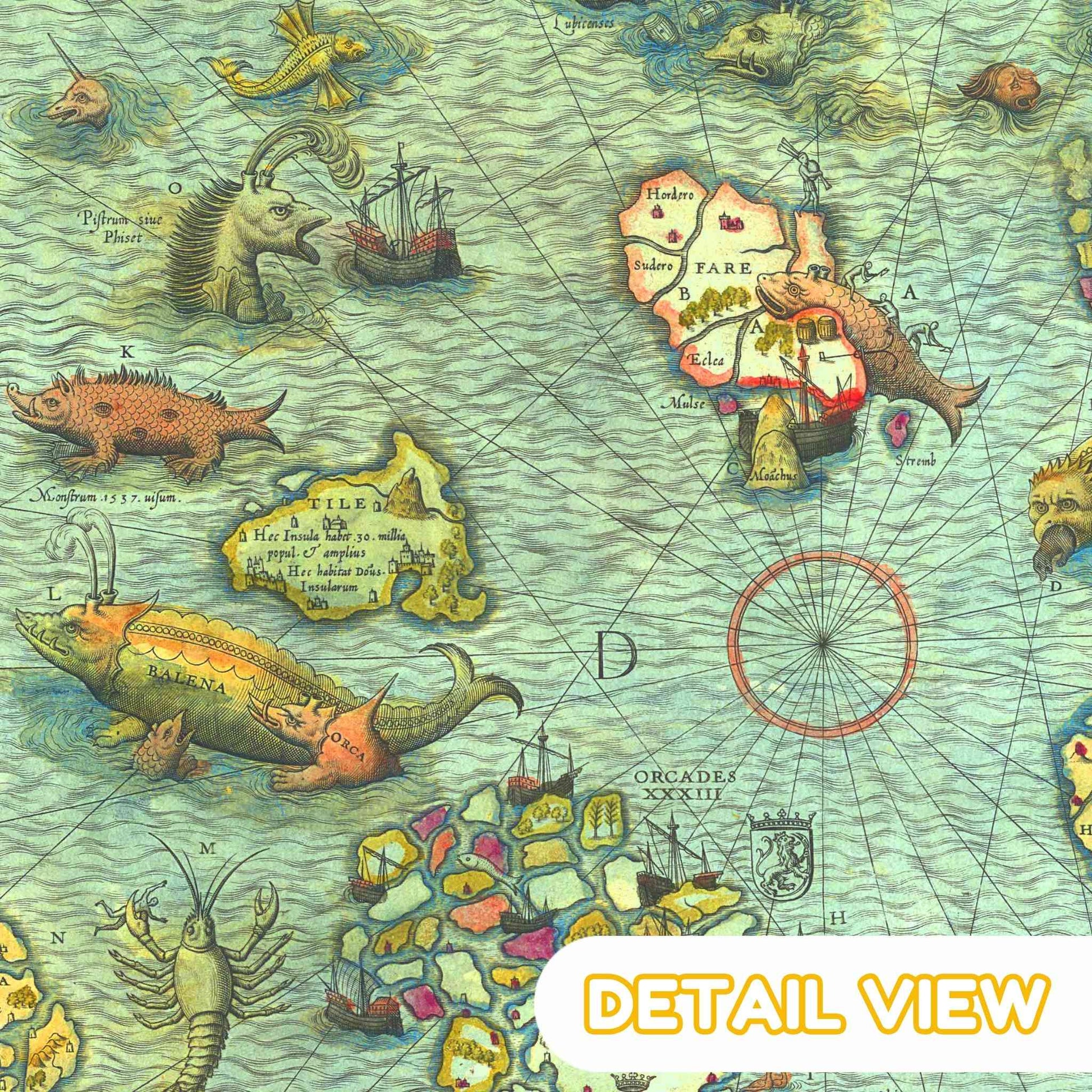 Cartoonish map of a sea with various sea creatures and a ship, 1530 artprint 