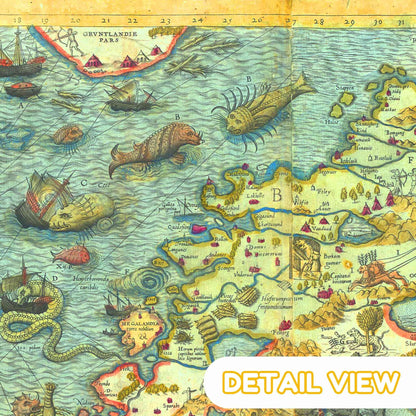 Detail of mythical sea creatures and medieval scenes in the 16th-century map.