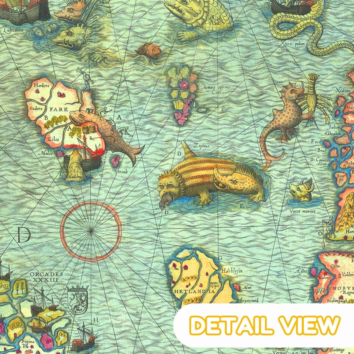 Mythical sea creatures and medieval scenes in the 16th-century map.