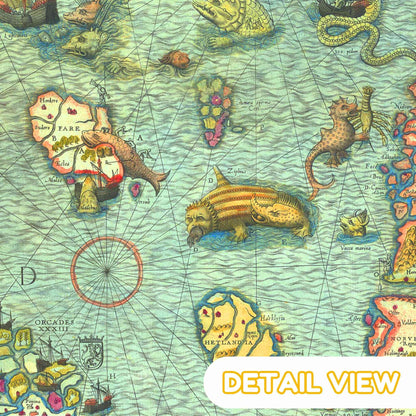 Mythical sea creatures and medieval scenes in the 16th-century map.