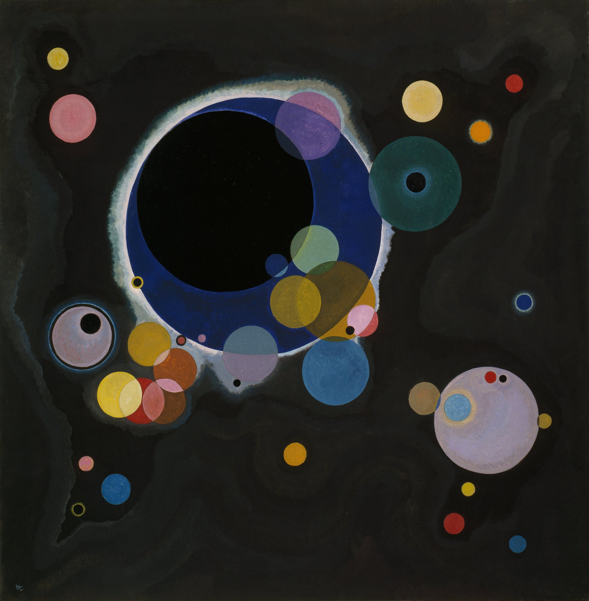 A high-quality wooden jigsaw puzzle of Wassily Kandinsky’s "Several Circles," featuring colorful orbs floating in a deep black space, creating a cosmic and abstract composition. Comes in a handmade wooden keepsake box.