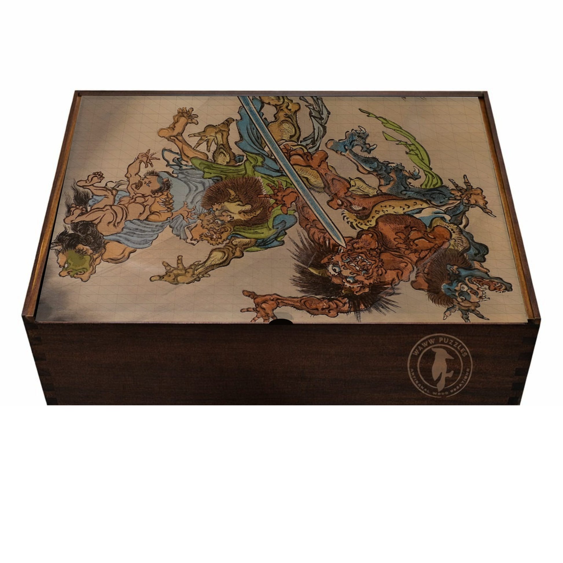 Premium wooden jigsaw puzzle box featuring a vivid print of Kyosai’s Shōki Riding a Tiger