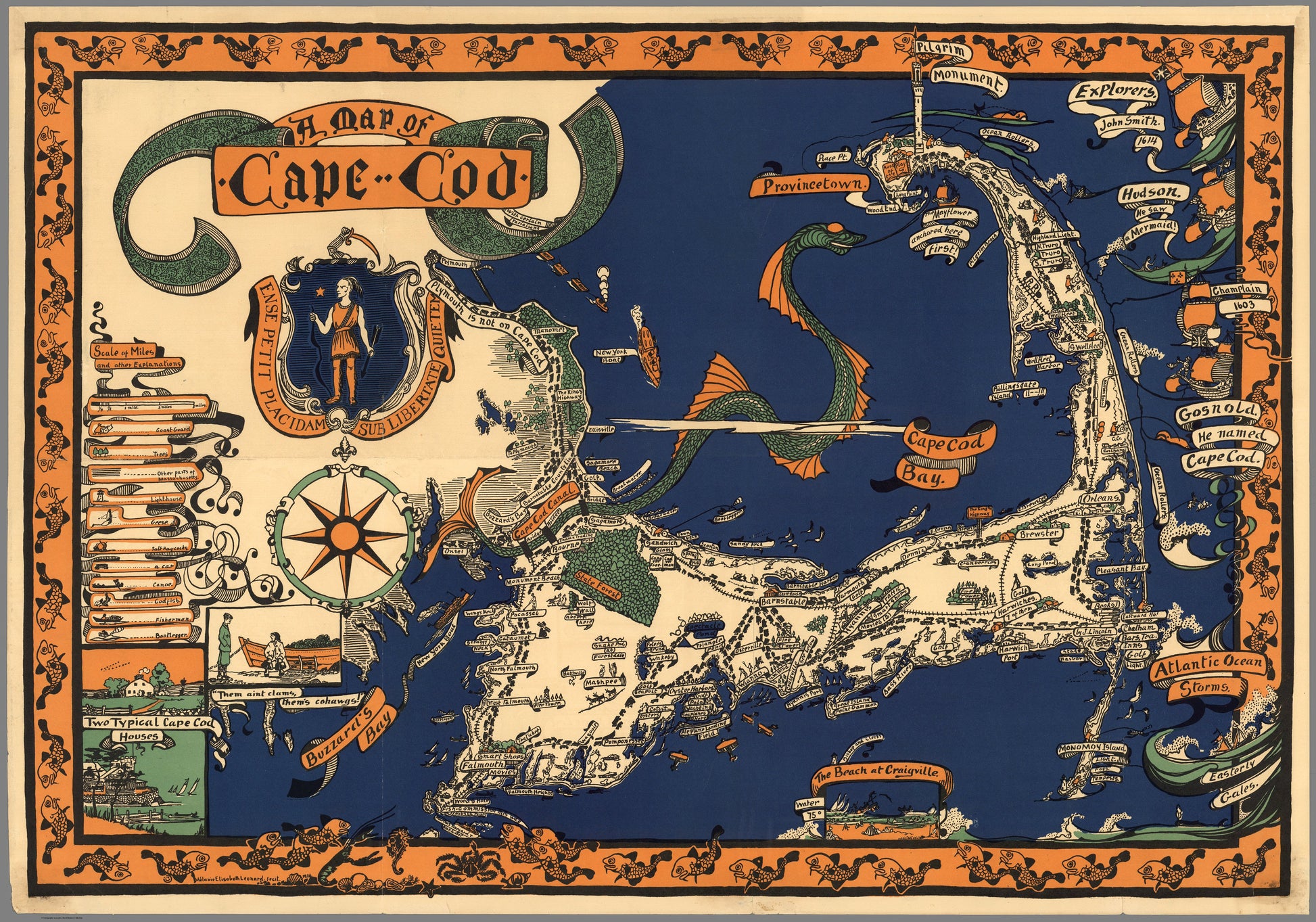 Vintage pictorial map of Cape Cod showcasing landmarks, natural wonders, cultural elements, and historical references. Illustrated cartography highlighting the state's diverse attractions and heritage