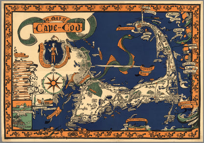 Vintage pictorial map of Cape Cod showcasing landmarks, natural wonders, cultural elements, and historical references. Illustrated cartography highlighting the state's diverse attractions and heritage