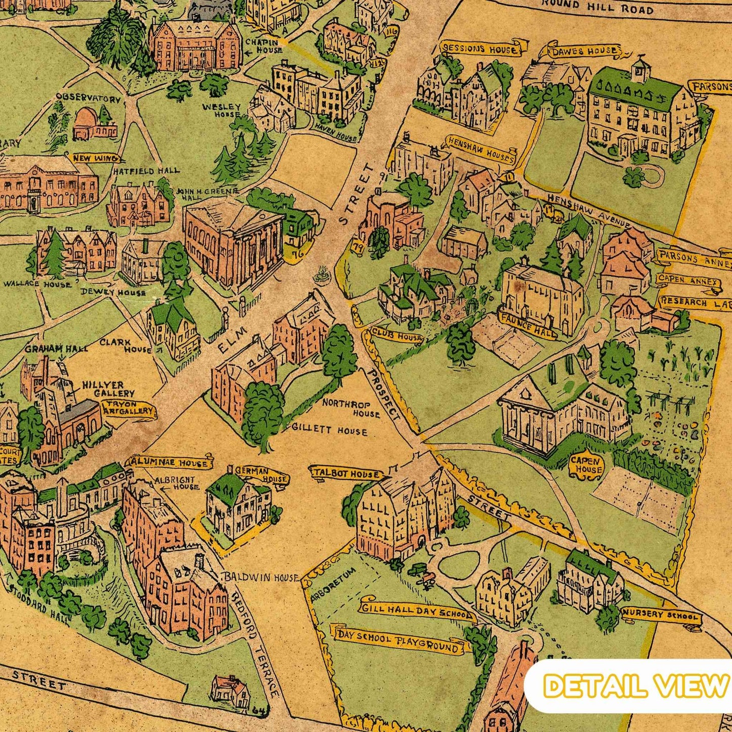 Close-up of Galbraith's depiction of academic buildings amidst lush pathways at Smith College.
