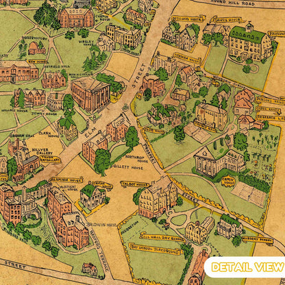 Close-up of Galbraith's depiction of academic buildings amidst lush pathways at Smith College.