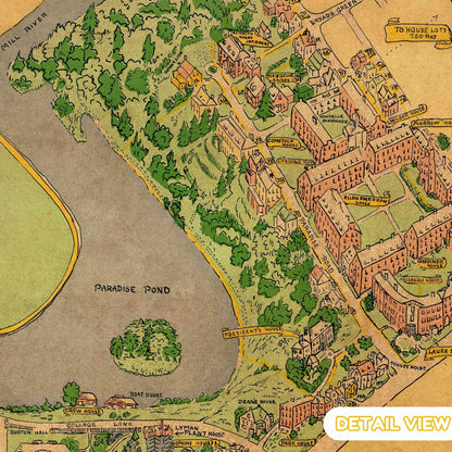 Detailed illustration of Smith College dormitories surrounded by decorative elements from the 1930s map.