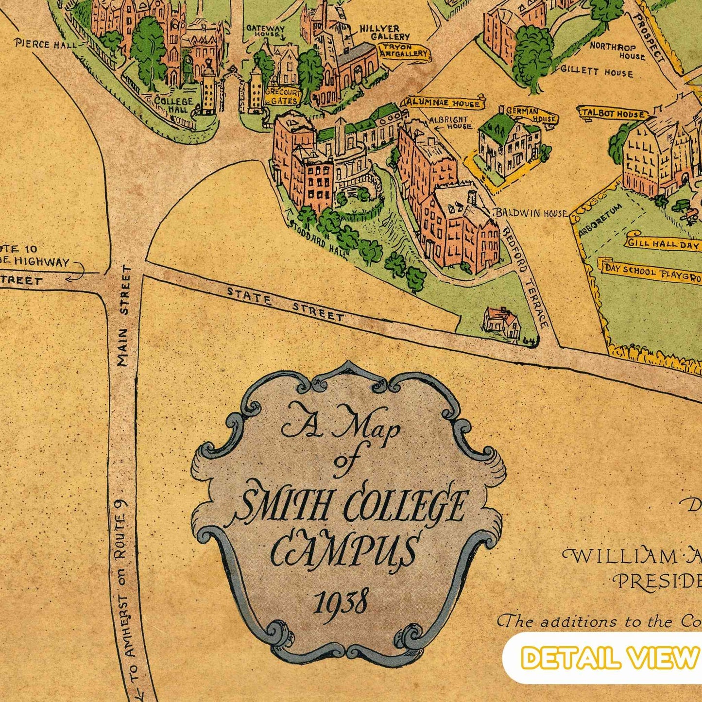 Detail of smith college campus buildings and tree-lined paths from galbraith wooden jigsaw puzzle in muted earth tones