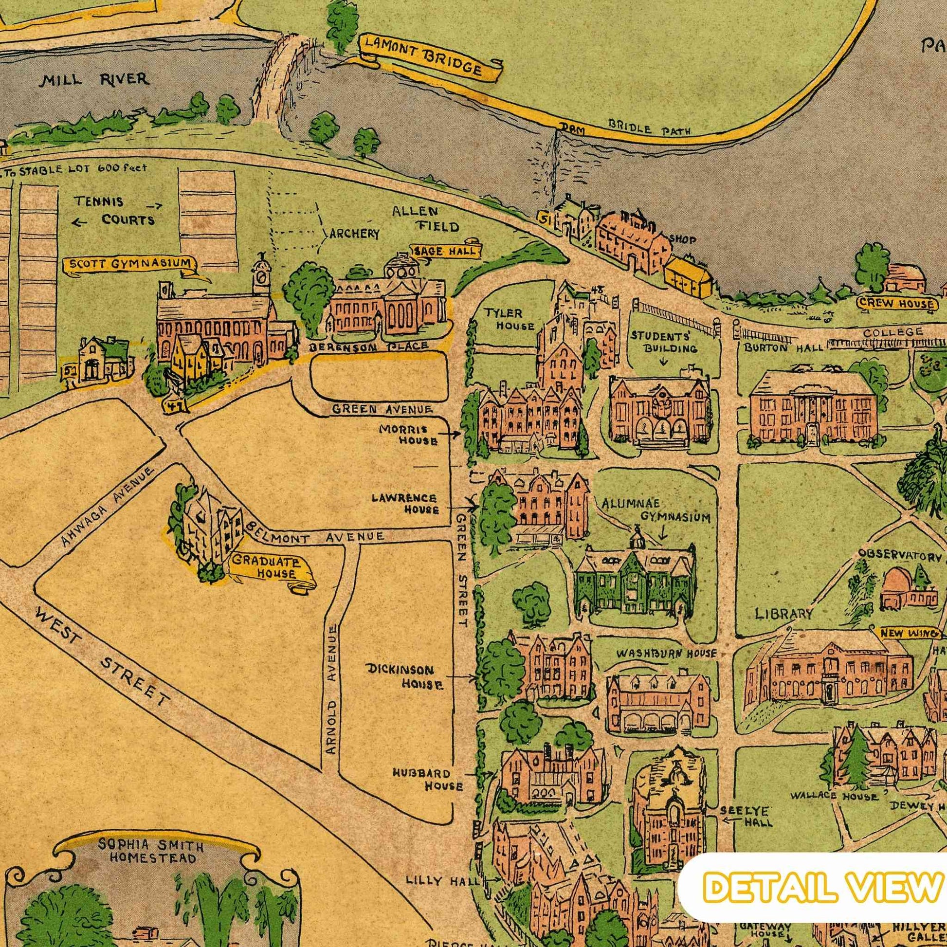 Detail of smith college campus buildings and tree-lined paths from smith college massachusetts wooden jigsaw puzzle