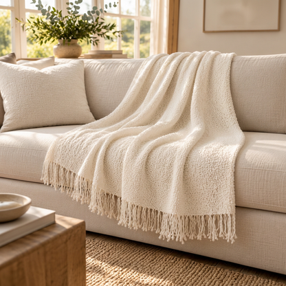 Handloomed Alpaca Bouclé Throw Blanket | Ivory | Made in Peru