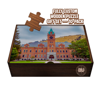 Wooden puzzle gift set with a building image on the box, featuring a partially assembled puzzle piece.