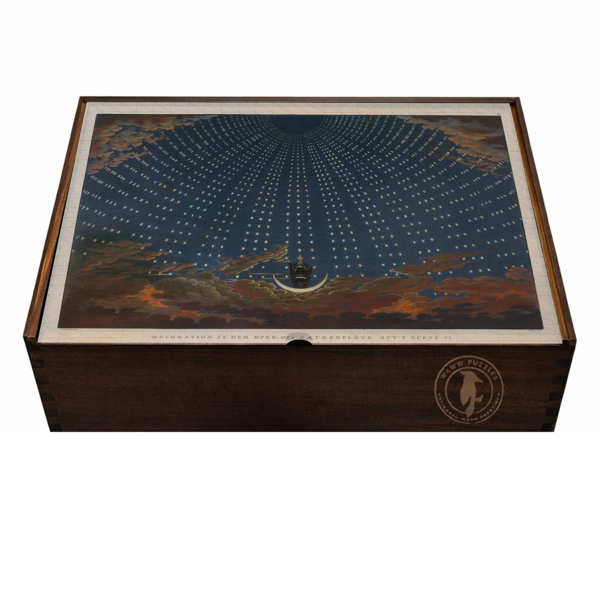 Wooden puzzle box featuring The Hall of Stars with celestial design by Karl Thiele