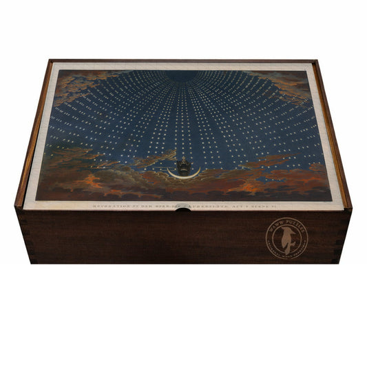Wooden puzzle box featuring The Hall of Stars with celestial design by Karl Thiele