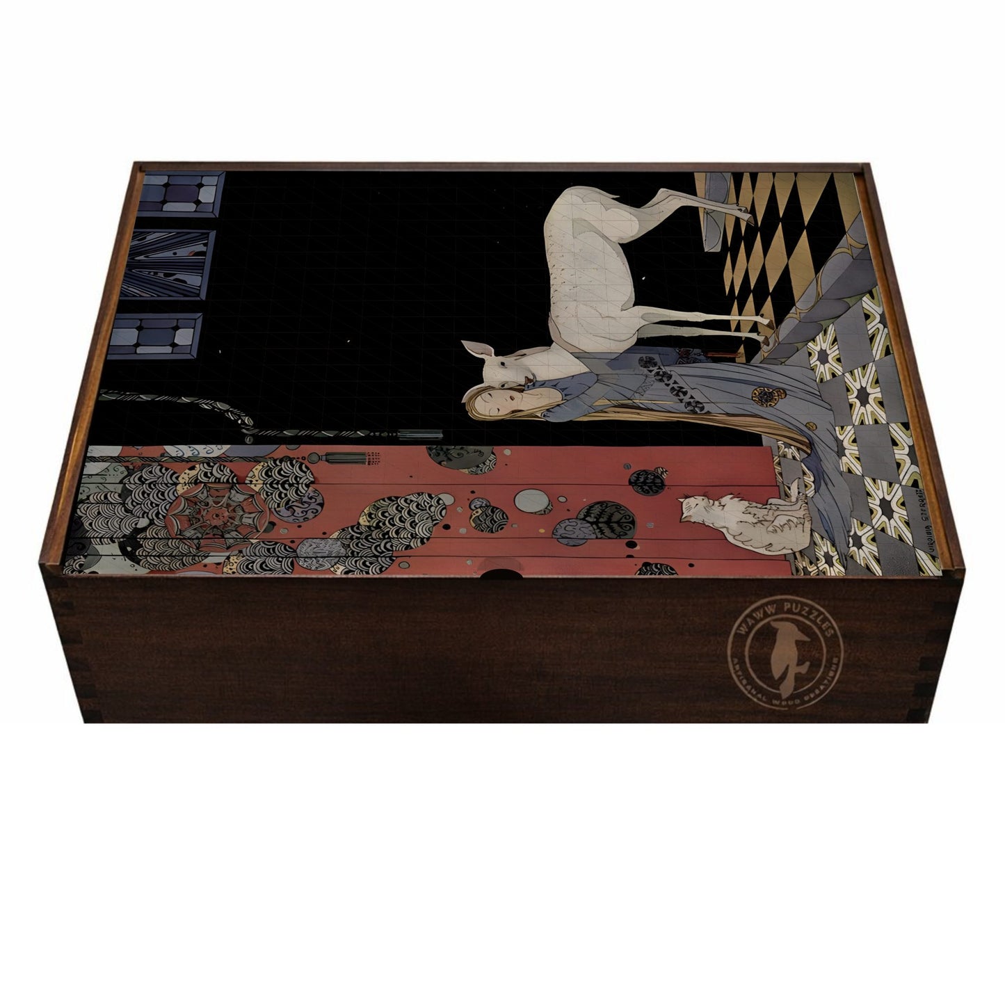 Puzzle box featuring Sterrett's Old French Fairy Tales illustration, crafted from premium wood for art lovers.