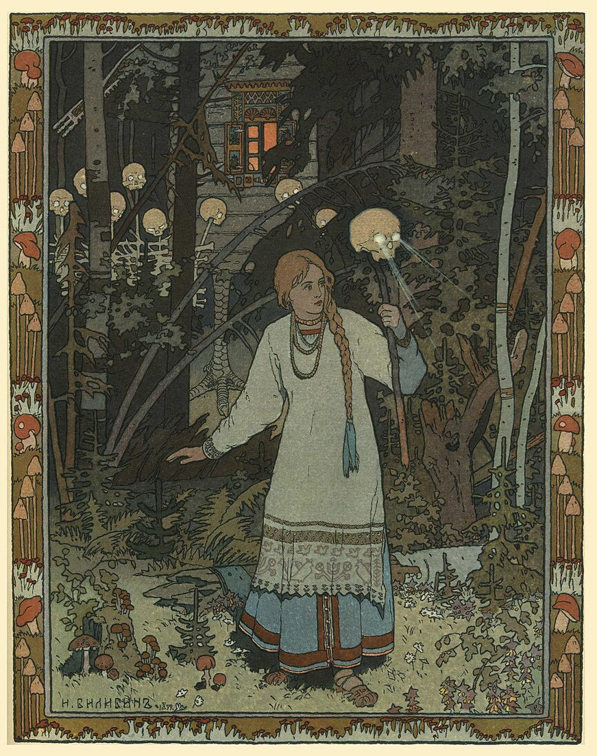 Bilibin's Baba Yaga in a birch forest with vivid colors and intricate details