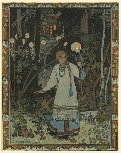 Bilibin's Baba Yaga in a birch forest with vivid colors and intricate details
