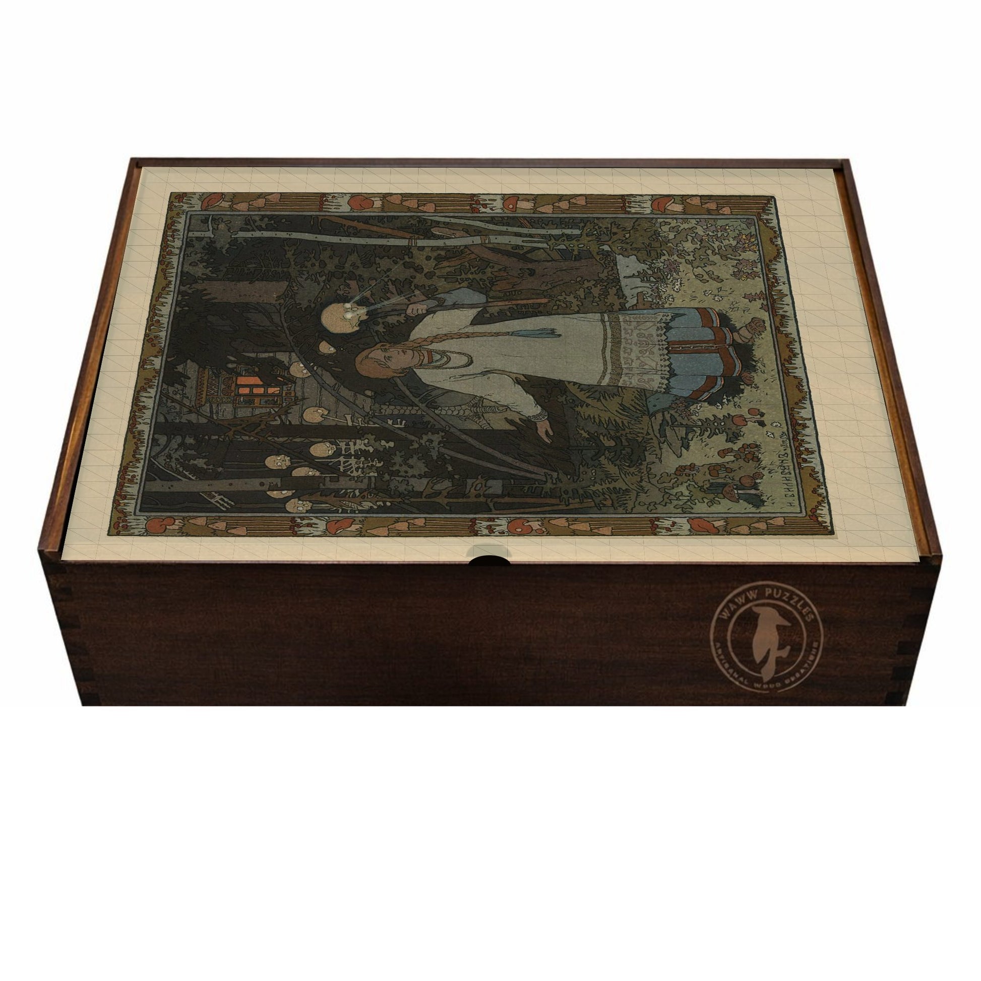 Artisan box of wooden puzzle featuring Bilibin's Baba Yaga illustration