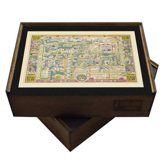 TSCW campus wooden puzzle. Vintage Denton Texas college map, architecture.