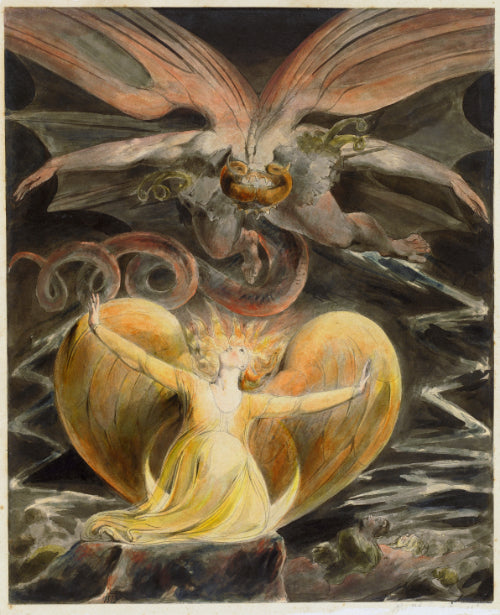 William Blake's dramatic watercolor of a dragon and woman from the Book of Revelation