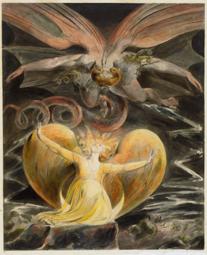 William Blake's dramatic watercolor of a dragon and woman from the Book of Revelation