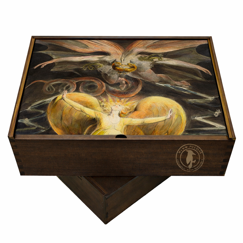 wooden puzzle box with Blake's dramatic artwork of the Great Red Dragon