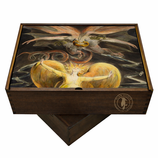 wooden puzzle box with Blake's dramatic artwork of the Great Red Dragon