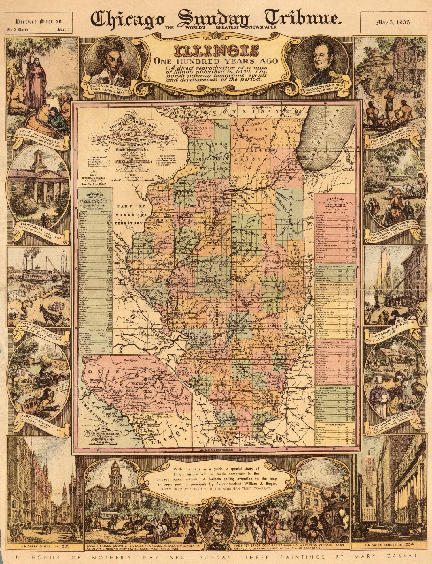 S. Augustus Mitchell's detailed map of 19th-century Illinois with counties and routes
