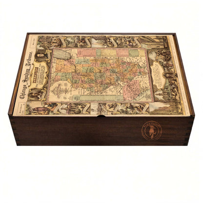 Premium wooden jigsaw puzzle box featuring 'The Tourist's Pocket Map of Illinois'