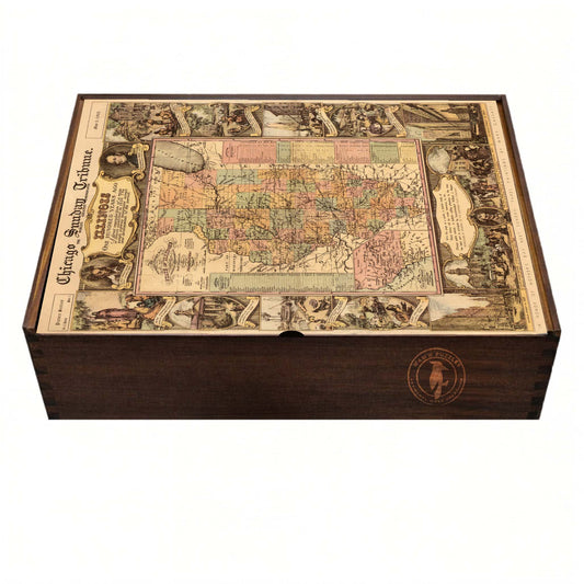 Premium wooden jigsaw puzzle box featuring 'The Tourist's Pocket Map of Illinois'