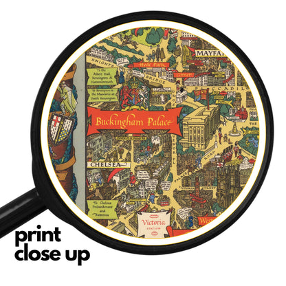  high-quality wooden jigsaw puzzle of a vintage illustrated map of London, featuring historic streets, landmarks, and decorative heraldic crests. Comes in a handmade wooden keepsake box