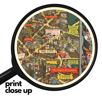  high-quality wooden jigsaw puzzle of a vintage illustrated map of London, featuring historic streets, landmarks, and decorative heraldic crests. Comes in a handmade wooden keepsake box
