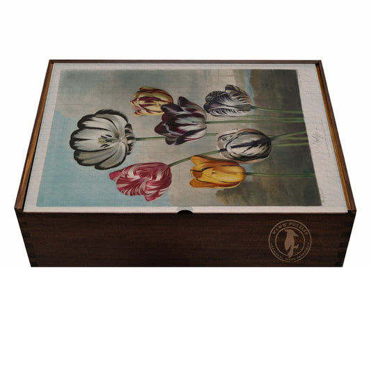 Exquisite wooden puzzle box featuring Thornton's Tulips botanical masterpiece