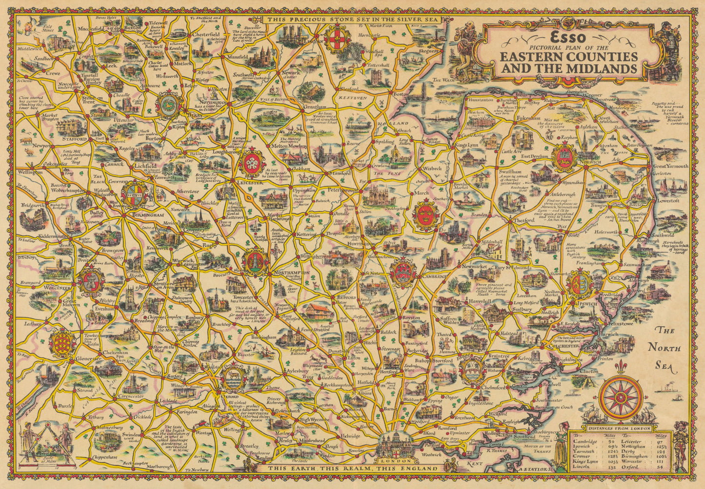 Vintage map of Eastern Counties and The Midlands with illustrations and text