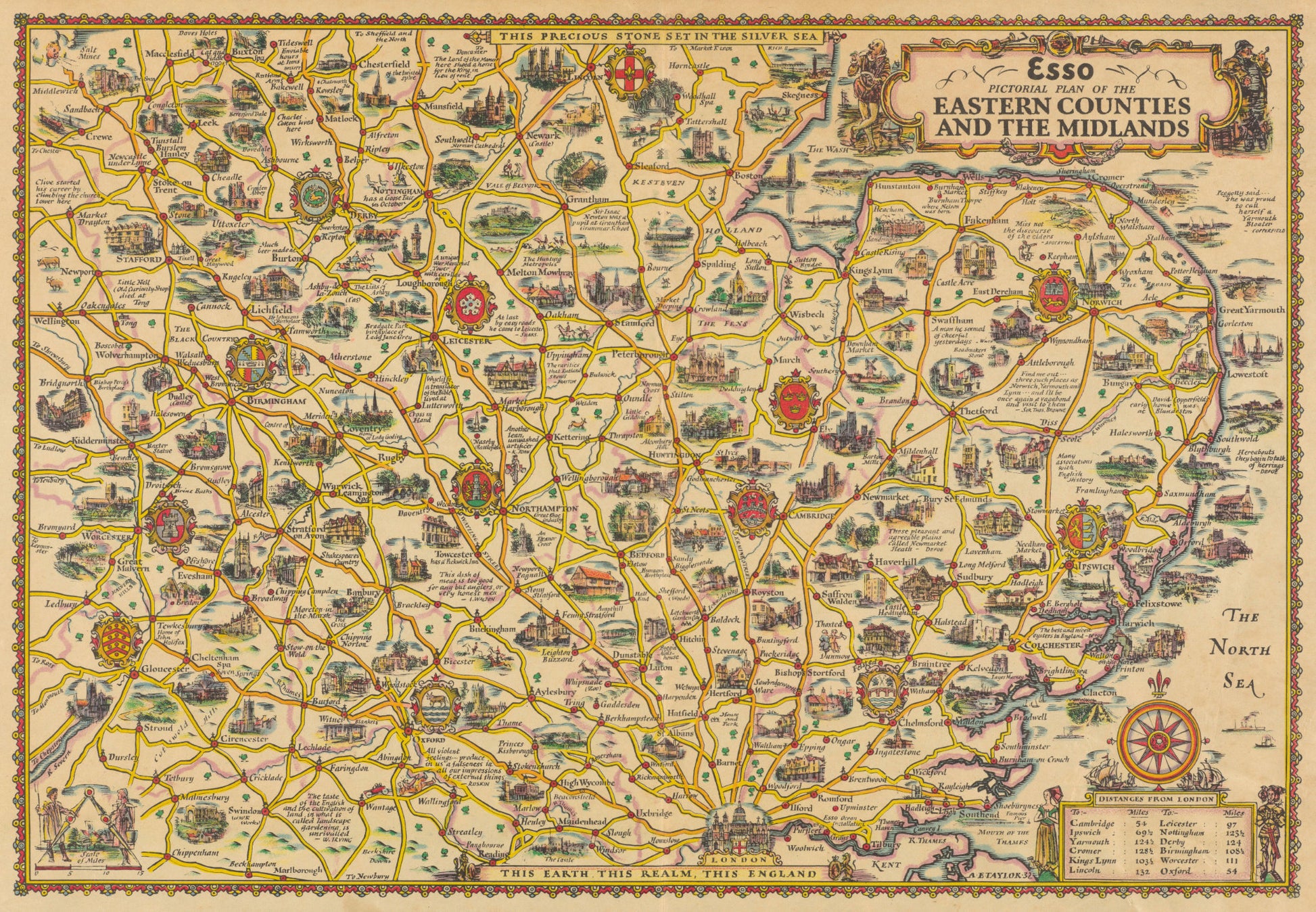 Vintage map of Eastern Counties and The Midlands with illustrations and text