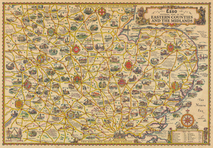 Vintage map of Eastern Counties and The Midlands with illustrations and text
