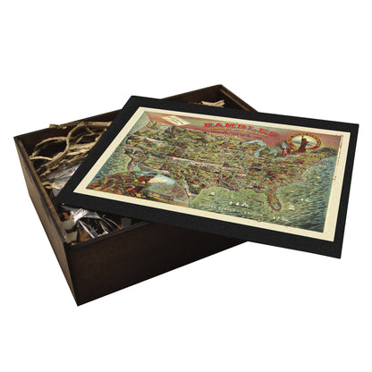 Rambles USA map wooden puzzle. Vintage game, educational, 19th Century. Packed in a handcrafted wooden box.