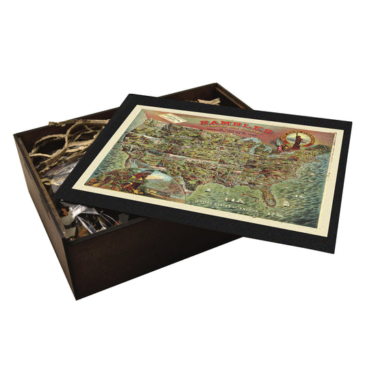 Rambles USA map wooden puzzle. Vintage game, educational, 19th Century. Packed in a handcrafted wooden box.