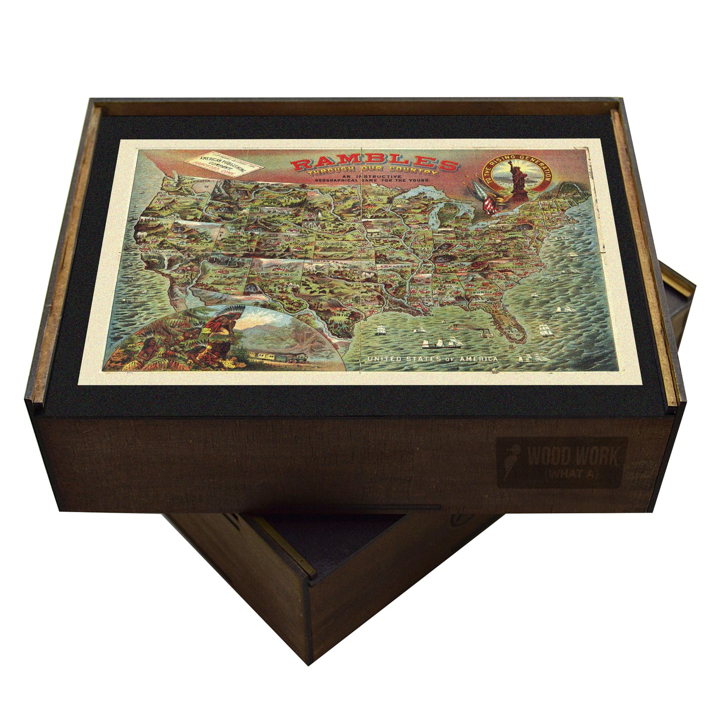 Rambles USA map wooden puzzle. Vintage game, educational, 19th Century.
