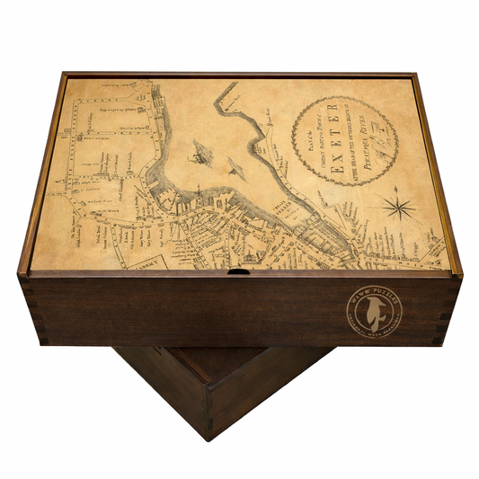 Premium wooden jigsaw puzzle box featuring Phinehas Merrill's Exeter map artwork