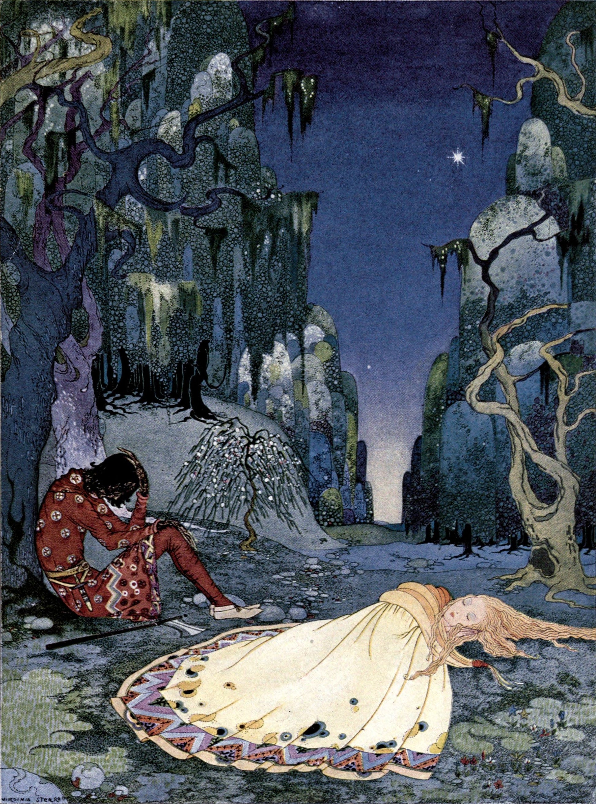Virginia Frances Sterrett's whimsical illustration from Old French Fairy Tales, with intricate lines and delicate colors.