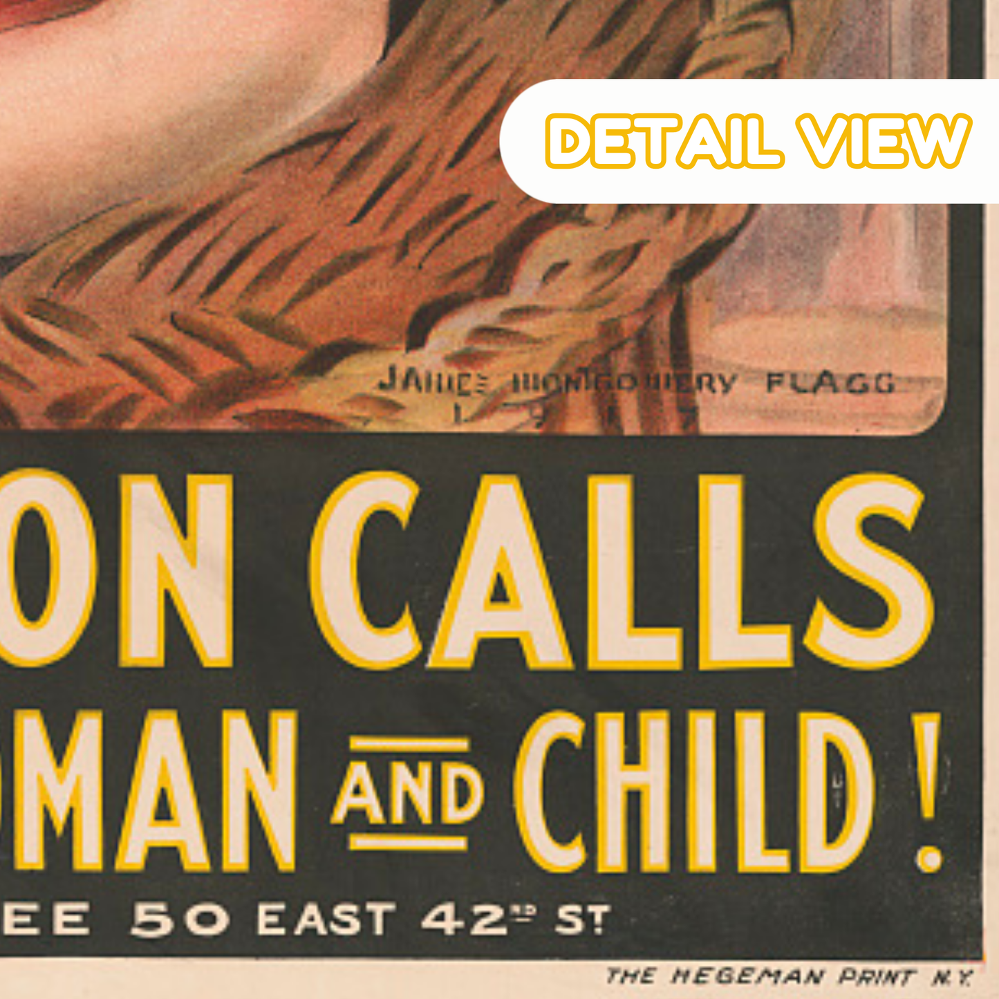 Vintage-style advertisement with text 'Man Calls Man and Child' and a detail view label.