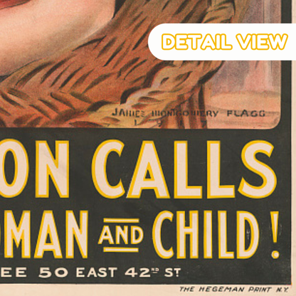 Vintage-style advertisement with text 'Man Calls Man and Child' and a detail view label.