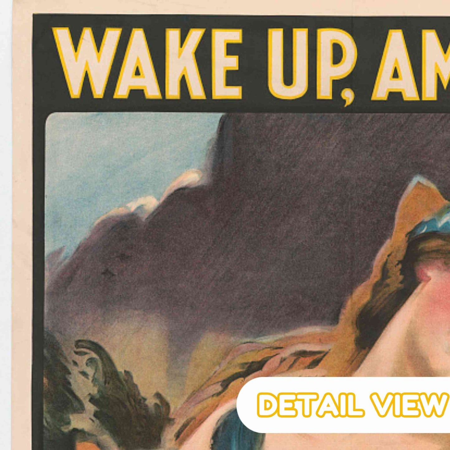 Detail of ominous clouds gathering behind the sleeping America, signifying impending danger.
