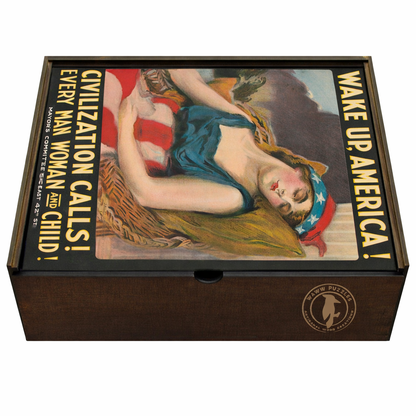 Wooden puzzle box featuring Flagg's America asleep in a rocking chair with vivid colors.