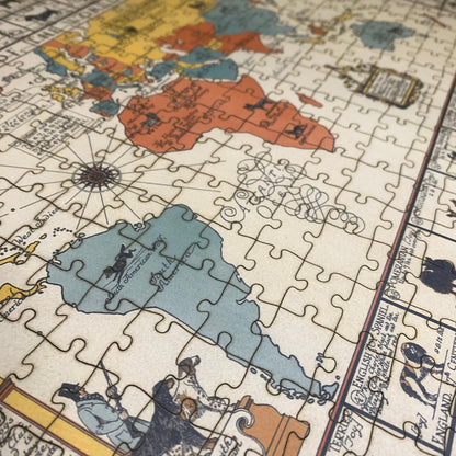 A close-up of a completed vintage-style world map jigsaw puzzle, showing colorful continents on an aged cream background with illustrated figures and decorative text.